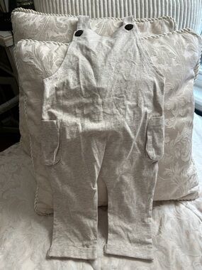 Milkbarn Oatmeal Color Cotton Overalls with Pockets. 6-12 months.